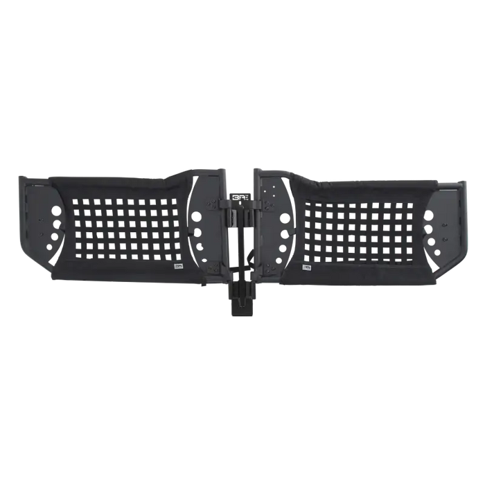 Black plastic brackets for front bumper on Body Armor 4x4 Jeep Wrangler Door Storage Bar.