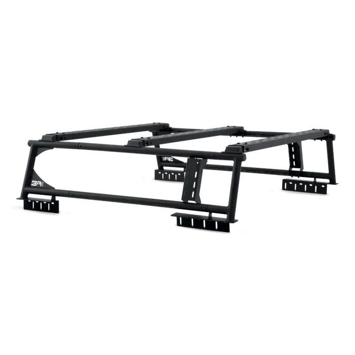 Black steel front and rear truck brackets in Body Armor 4x4 Overland Rack.