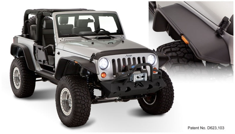 Black flat style fender flares for 07-18 jeep wrangler on white background