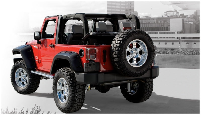 Red jeep wrangler with max pocket style fender flares - black