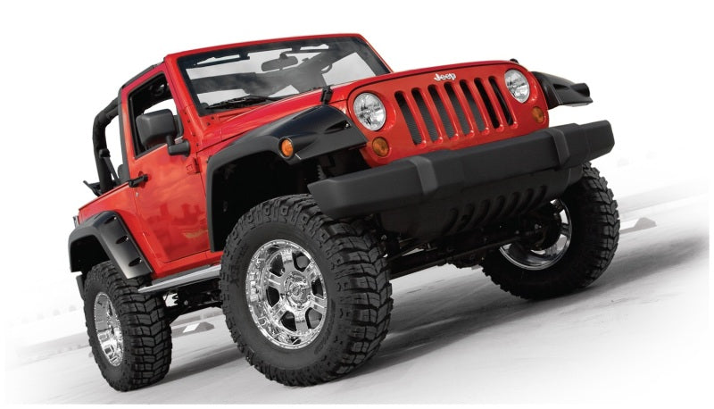 Red jeep wrangler with black pocket style flares and wheels