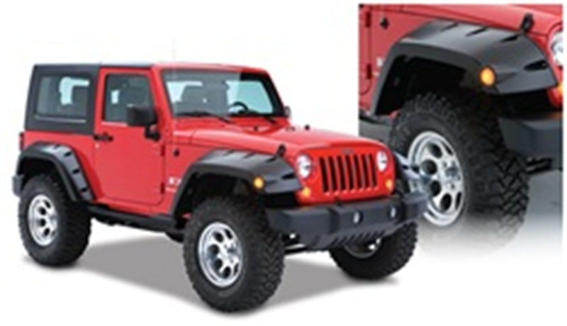 Red jeep wrangler and red truck parked with max pocket style flares - black