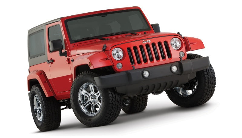 Red jeep wrangler with black bumper pocket style fender flares - bushwacker 2pc