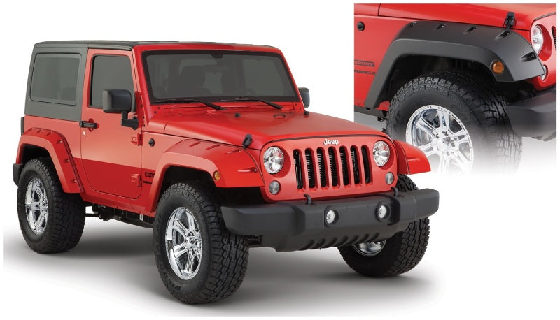 Red jeep wrangler with black pocket style fender flares