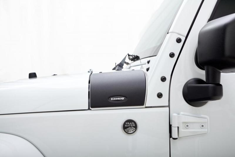 White truck with black door handle showcasing bushwacker jeep wrangler trail armor cowl cover