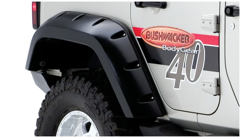 Black jeep wrangler with red and white stripe fender flares - bushwacker pocket style 2pc extended coverage