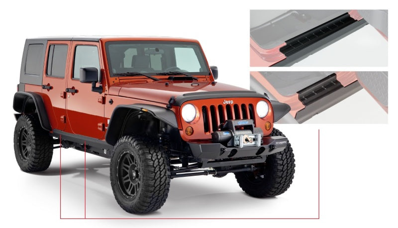 Red jeep wrangler unlimited with black bumper - bushwacker trail armor rocker panel cover