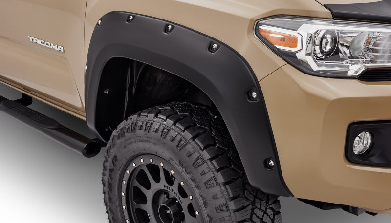 Toyota tacoma pocket style fender flares - black, front end view