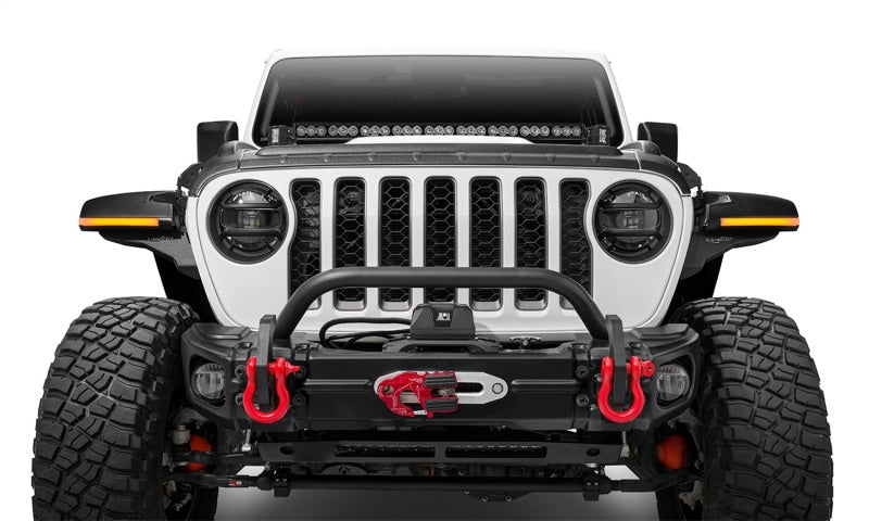 Close-up of red light on jeep wrangler and gladiator trail armor hood armor