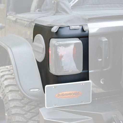 Black jeep with trailarmor rear corner guard - bushwacker 18-22 wrangler (jl) trailarmor