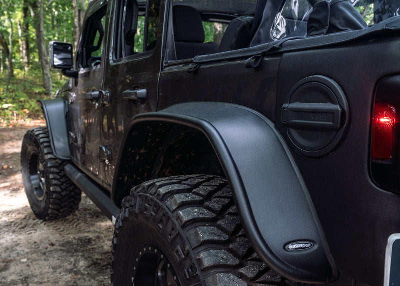 Bushwacker 2018+ jeep wrangler (jl) unlimited flat style flares parked in the woods