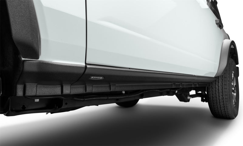 Rear view of a white van with bushwacker 2021 ford bronco 4-door armor rocker panel - black