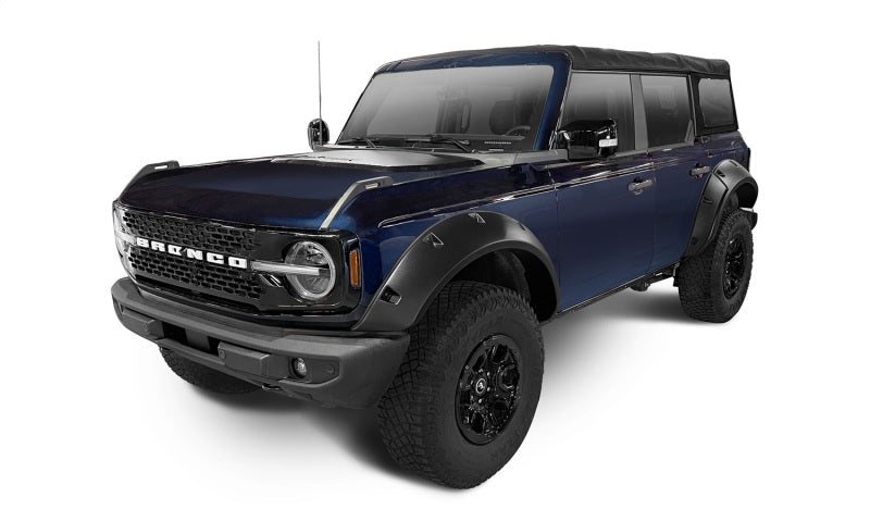 Blue truck with black roof, bushwacker 2021+ ford bronco 4-door pocket style fender flares - black