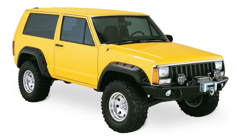 Yellow jeep with black bumper - bushwacker jeep cherokee cutout style fender flares in black