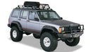 Black jeep cherokee with roof rack and top rack - bushwacker 84-01 cutout style flares - fender flares for ford bronco