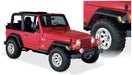 Red jeep with pocket style fender flares, black top, and white wheels - bushwacker 97-06 jeep tj 4pc