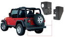 Red jeep wrangler with black tire cover trail armor