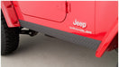 Black jeep wrangler trail armor side rocker panels with logo on close-up view