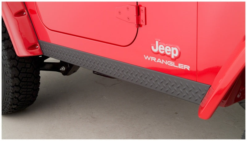 Bushwacker 97-06 jeep wrangler trail armor side rocker panels - black featuring close up of jeep with wrangler logo