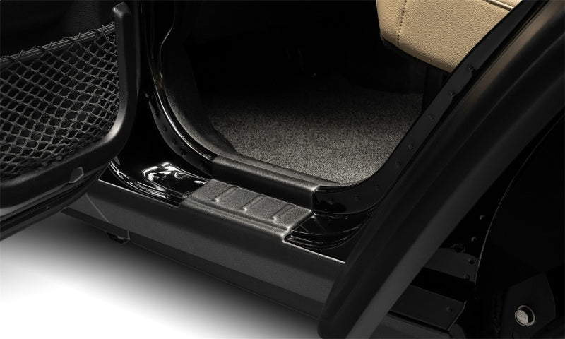 Interior of jeep wrangler jl with open door, bushwacker trail armor rocker panel cover in black