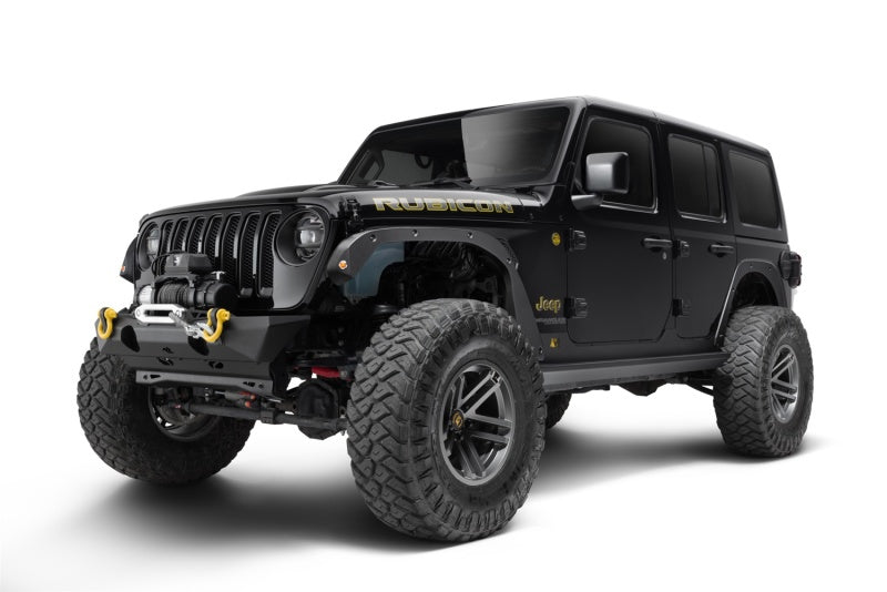 Black jeep wrangler jl with yellow stripe - bushwacker trail armor fender delete kit