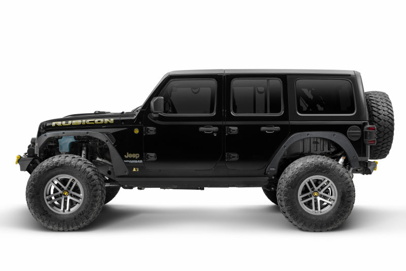 Black jeep wrangler jl with yellow stripe - bushwacker trail armor fender delete kit