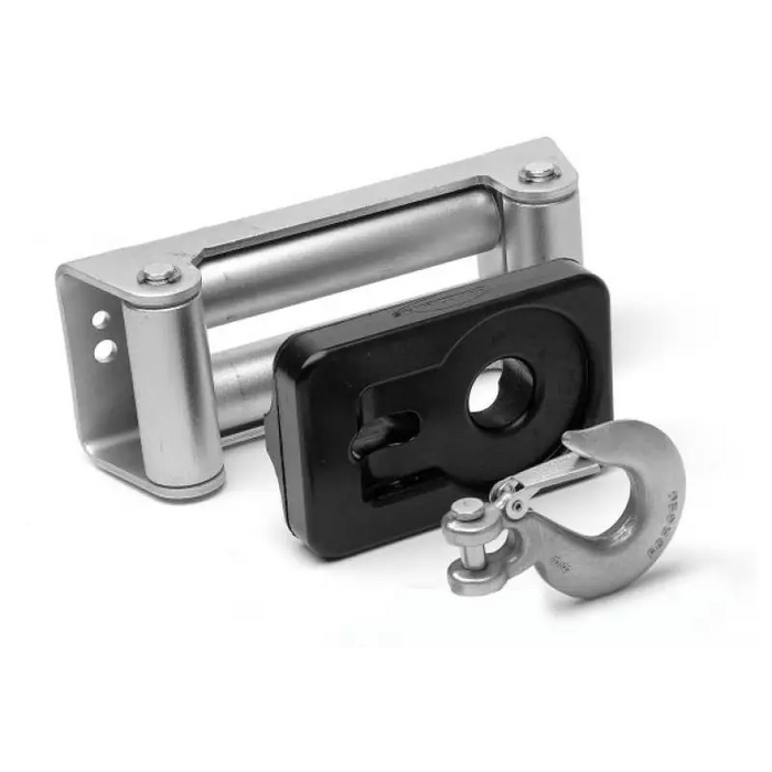 Stainless steel door latch with hook on black Daystar Winch Isolator Roller.