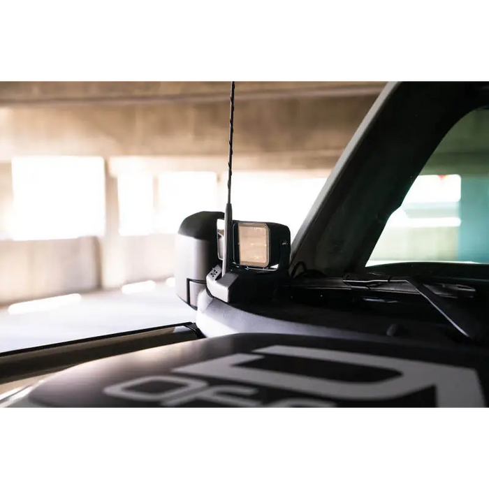 DV8 Ford Bronco A-Pillar Pod Light Mounts with built-in radio on car