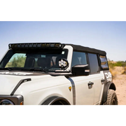 DV8 Ford Bronco A-Pillar Pod Light Mounts with white Jeep, black roof, and light bar