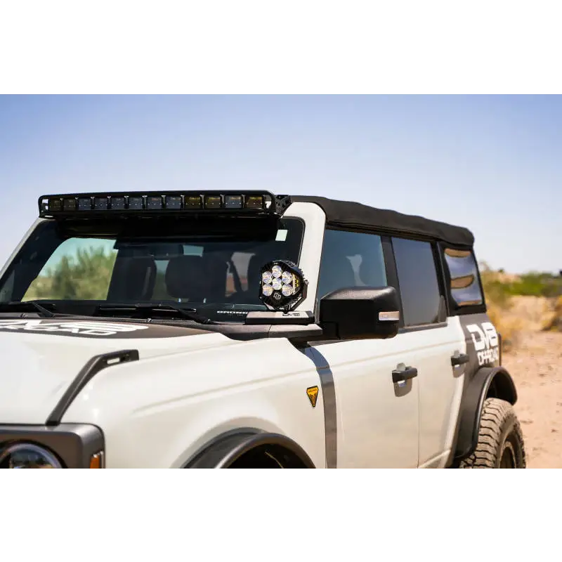 DV8 Ford Bronco A-Pillar Pod Light Mounts with white Jeep, black roof, and light bar