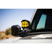 Close up of yellow pod light on Ford Bronco A-Pillar mount