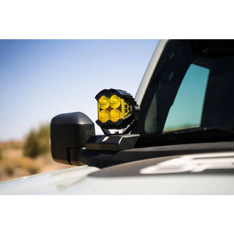 Close up of yellow pod light on Ford Bronco A-Pillar mount