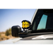 Close up of yellow pod light on Ford Bronco A-Pillar mount