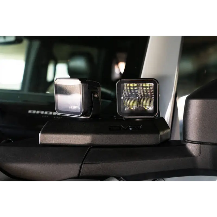 DV8 Ford Bronco A-Pillar Pod Light Mounts with LED lights on side mirror