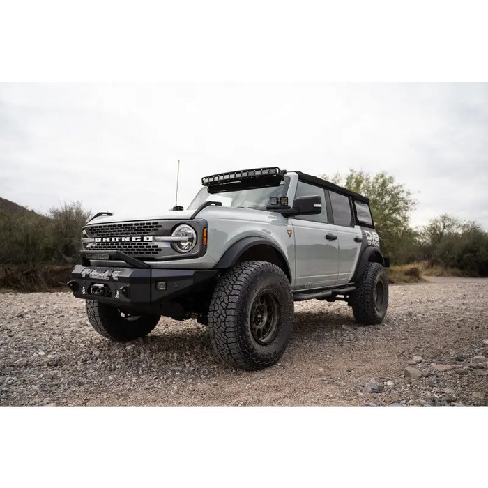 DV8 21+ Ford Bronco Curved Light Bracket for 12 3in. Pod Lights - Front End of White Truck with Black Bumper