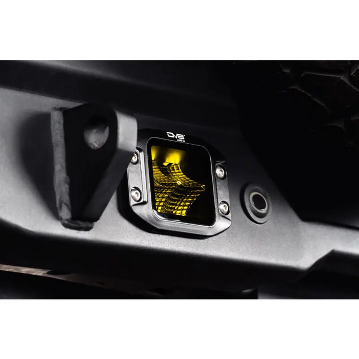 DV8 Elite Series LED Amber Flush Mount Pod Light on Jeep Wrangler front bumper.