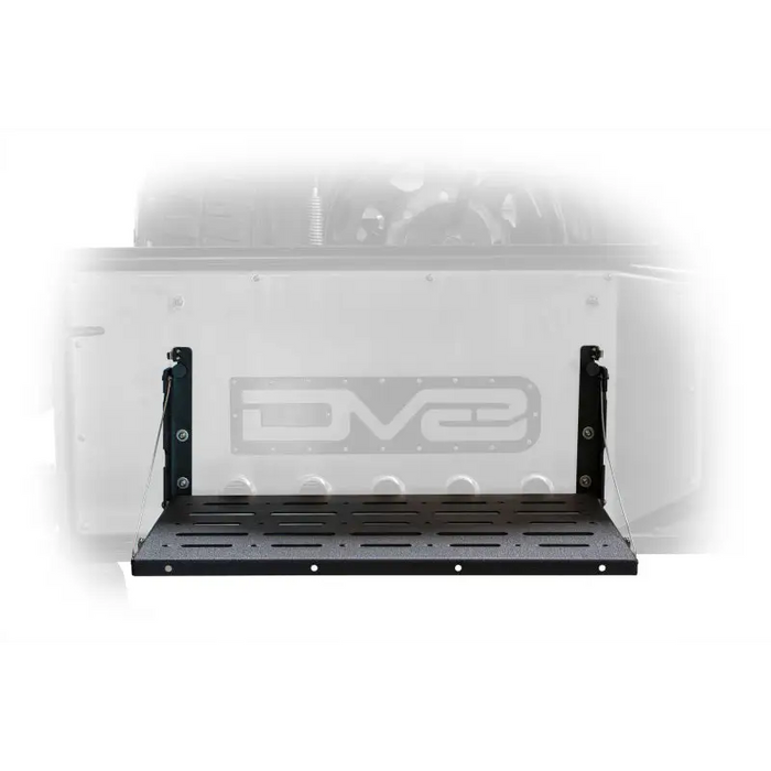 White truck with black license plate parked next to DV8 Jeep JK Tailgate Mounted Table (Trail Table) - Black