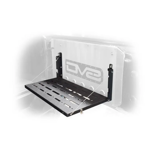 Close-up of laptop on DV8 Jeep JK Tailgate Mounted Table - Black