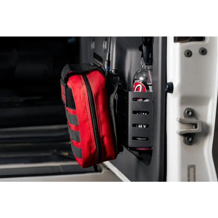 DV8 Offroad red and black Molle Door Pocket with cargo net for Jeep Wrangler and Ford Bronco