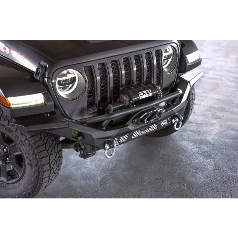Dv8 offroad mto series front bumper with winch mounted jeep wrangler close up