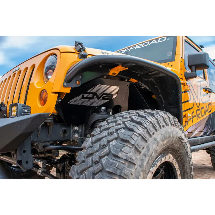 DV8 Offroad Jeep Wrangler JK front bumper mounted on the vehicle