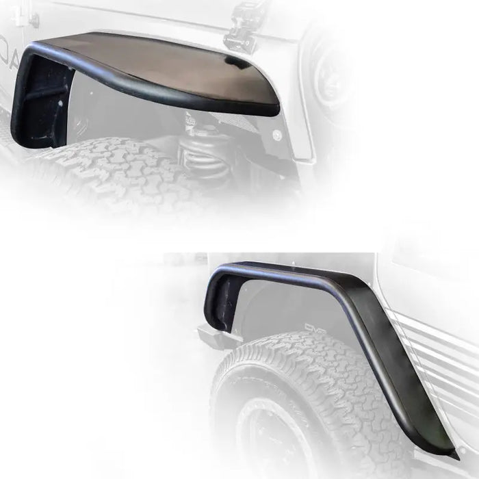 Pair of black side steps for Jeep displayed in DV8 Offroad 07-18 Jeep Wrangler JK Front & Rear Flat Tube Fenders.