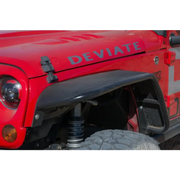 Red Jeep with ’D - Mate’ decal on DV8 Offroad 07-18 Jeep Wrangler JK Front & Rear Flat Tube Fenders