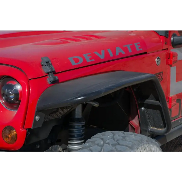 Red Jeep with ’D - Mate’ decal on DV8 Offroad 07-18 Jeep Wrangler JK Front & Rear Flat Tube Fenders