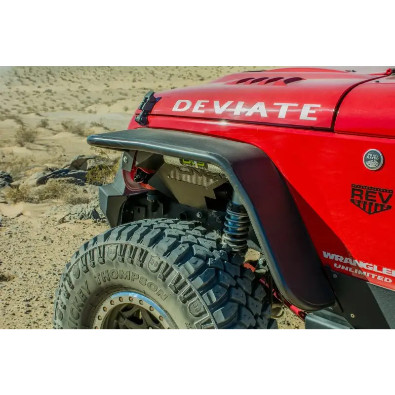 Red Jeep with large tire on side, DV8 Offroad 07-18 Jeep Wrangler JK Front & Rear Flat Tube Fenders.