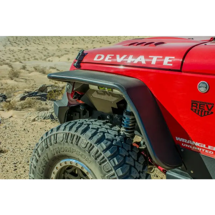 Red Jeep with large tire on side, DV8 Offroad 07-18 Jeep Wrangler JK Front & Rear Flat Tube Fenders.