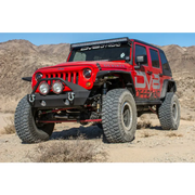 Red Jeep Wrangler JK with rear flat tube fenders by DV8 Offroad