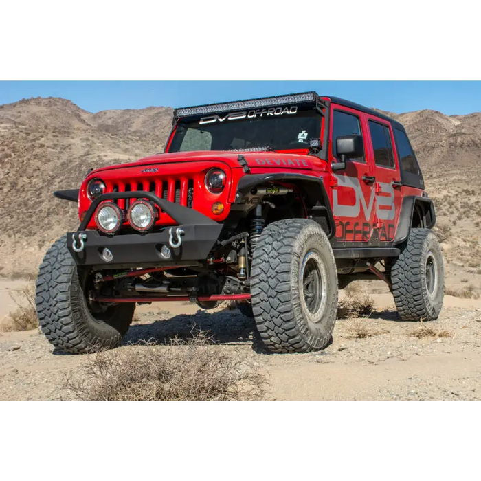 Red Jeep Wrangler JK with rear flat tube fenders by DV8 Offroad