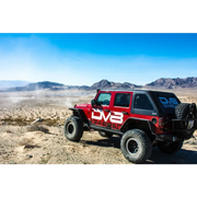 Red Jeep with Black Bumper and White Sticker on DV8 Offroad Flat Tube Fenders