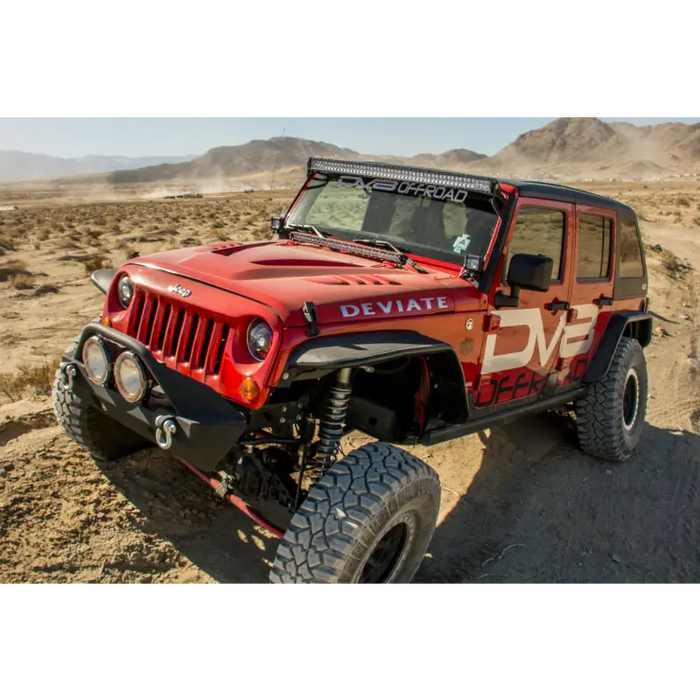 Red Jeep Wrangler JK with red and white decal on DV8 Offroad rear flat tube fenders